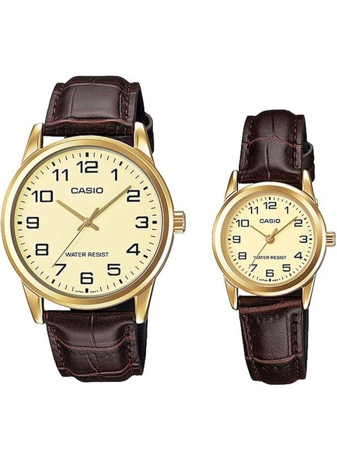 Casio Couple's Watch - MTP/LTP-V001Gl-9BUDF Yellow Dial, Brown Band - Image 1